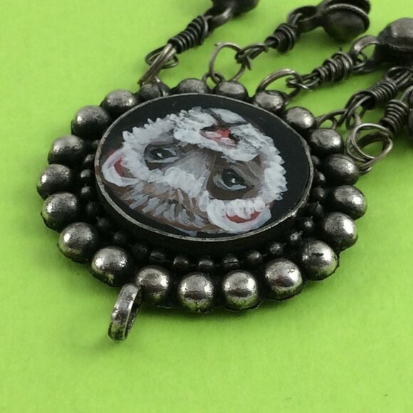 Handpainted Ferret Pendant Silvertone Metal Long Pet Artisan Danglers Polecat - Picture 4 of 11